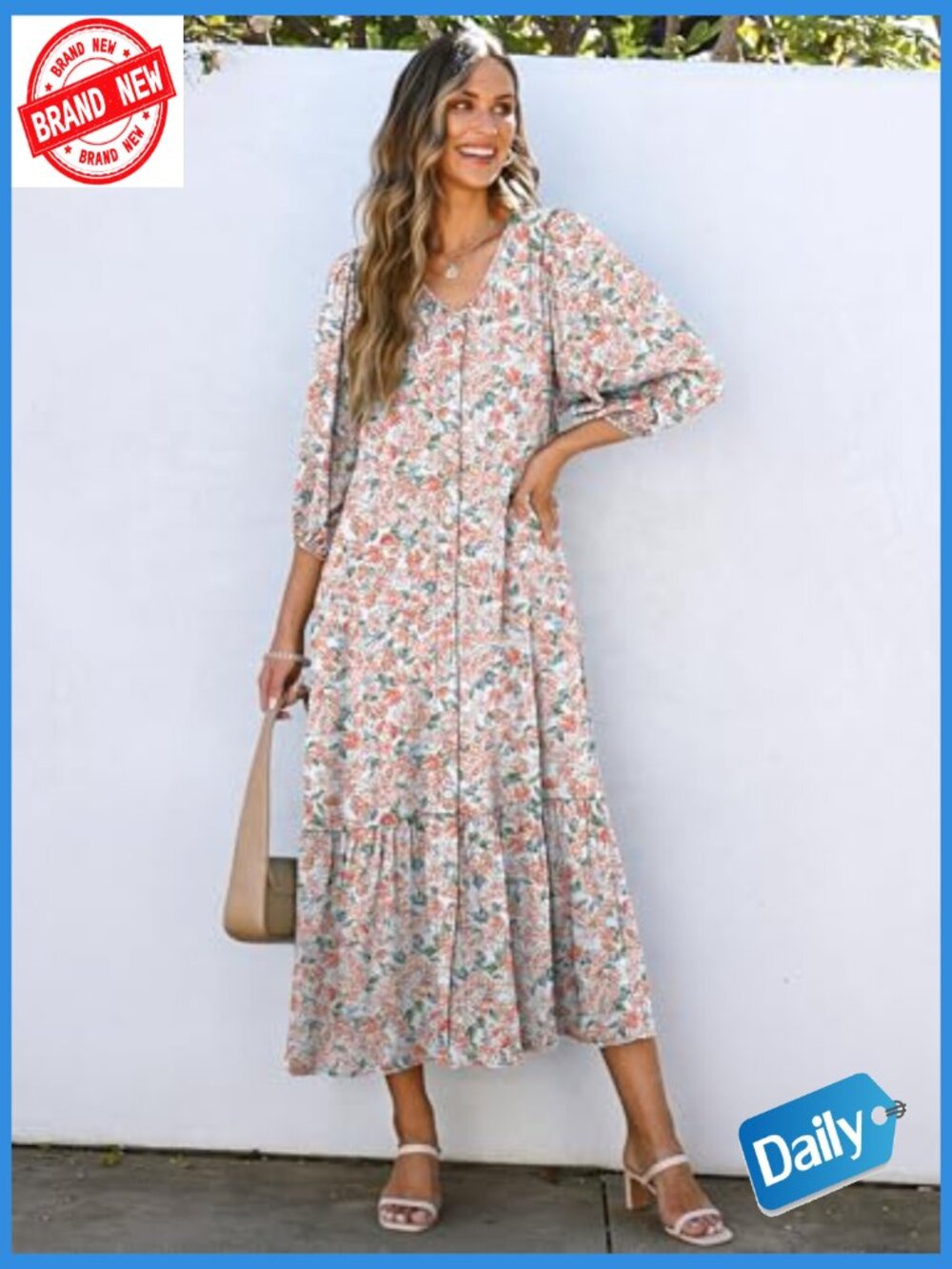 Boho Maxi Dress with Puff Sleeves Pockets Flowy Casual Loose Fit - Picture 2 of 7